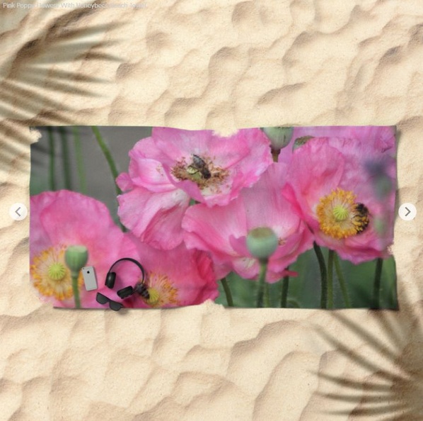Pink Poppy Flowers With Honeybees Beach Towel 2.jpg