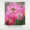 Pink Poppy Flowers With Honeybees Shower Curtain