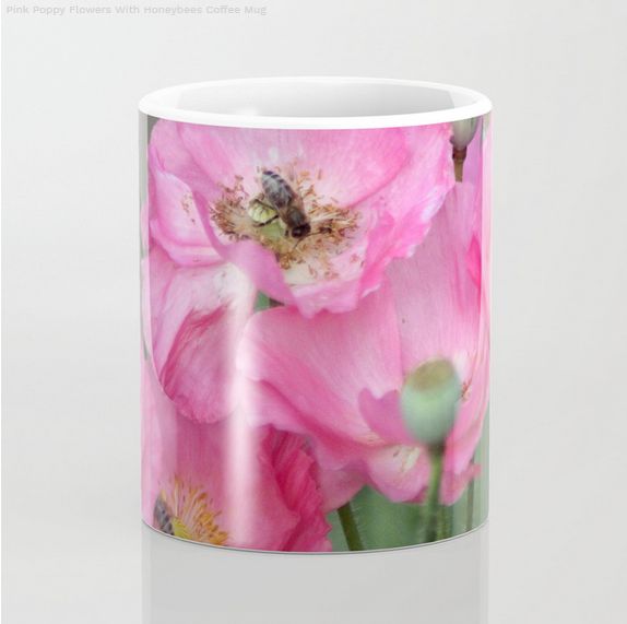 Pink Poppy Flowers With Honeybees Coffee Mug3.jpg